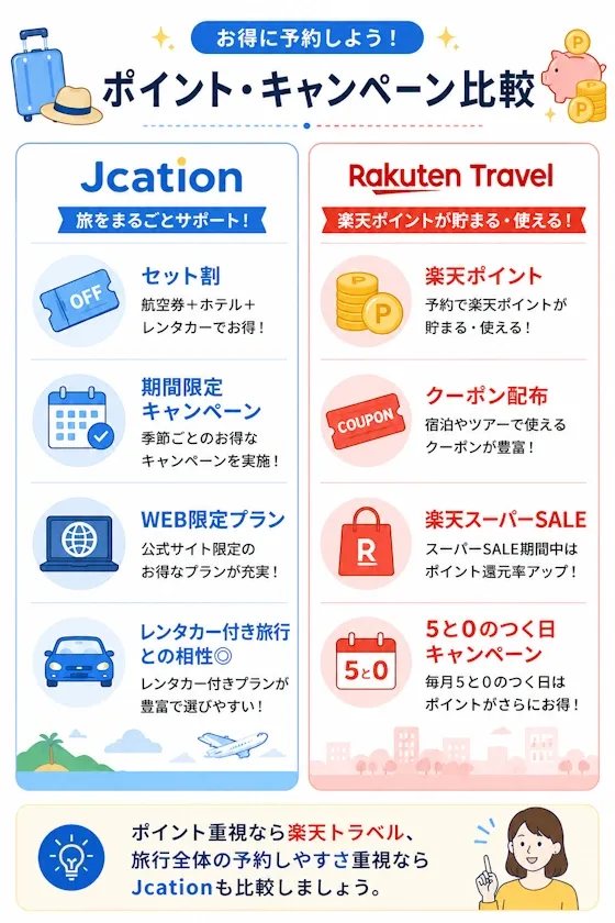 Jcationと楽天トラベルのポイント・キャンペーン比較